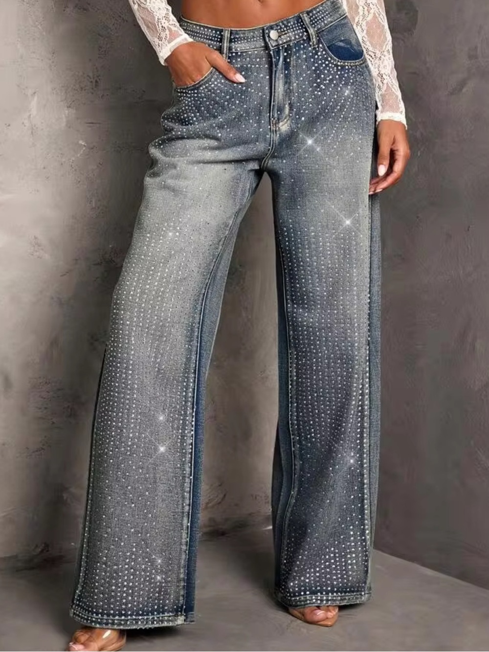 Women's Wide-Leg Rhinestone Jeans - Gray